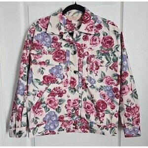 Vintage Cottage Floral Denim Jacket Cream Pink Roses Artsy Coastal Grandma Core